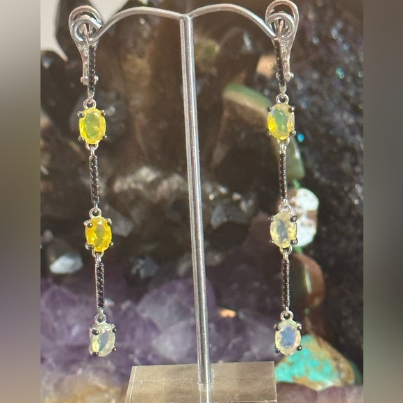 Faceted fire opals black spinel sterling silver long earrings - Picture 1 of 10